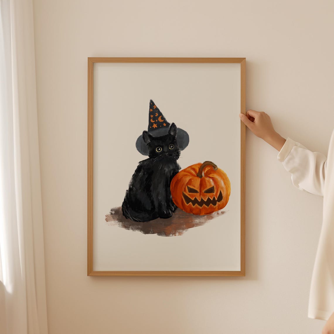 Cute Black Cat in Witch Hat with Jack O Lantern Halloween Art Poster - Image 3