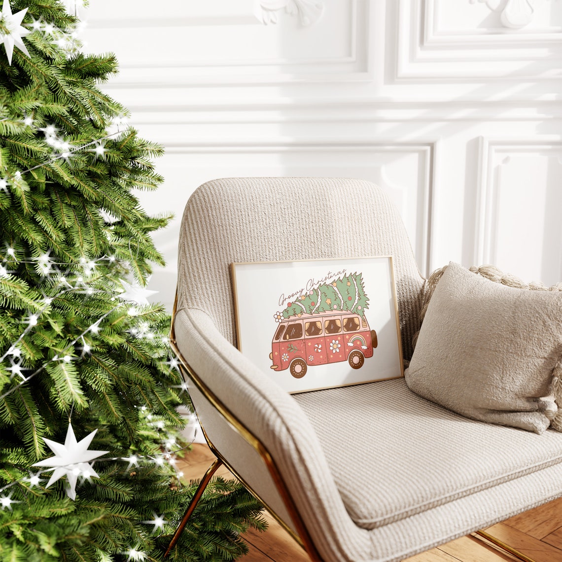 Groovy Christmas Pink Retro Van 70s Hippie Holiday Flower Poster - Image 5