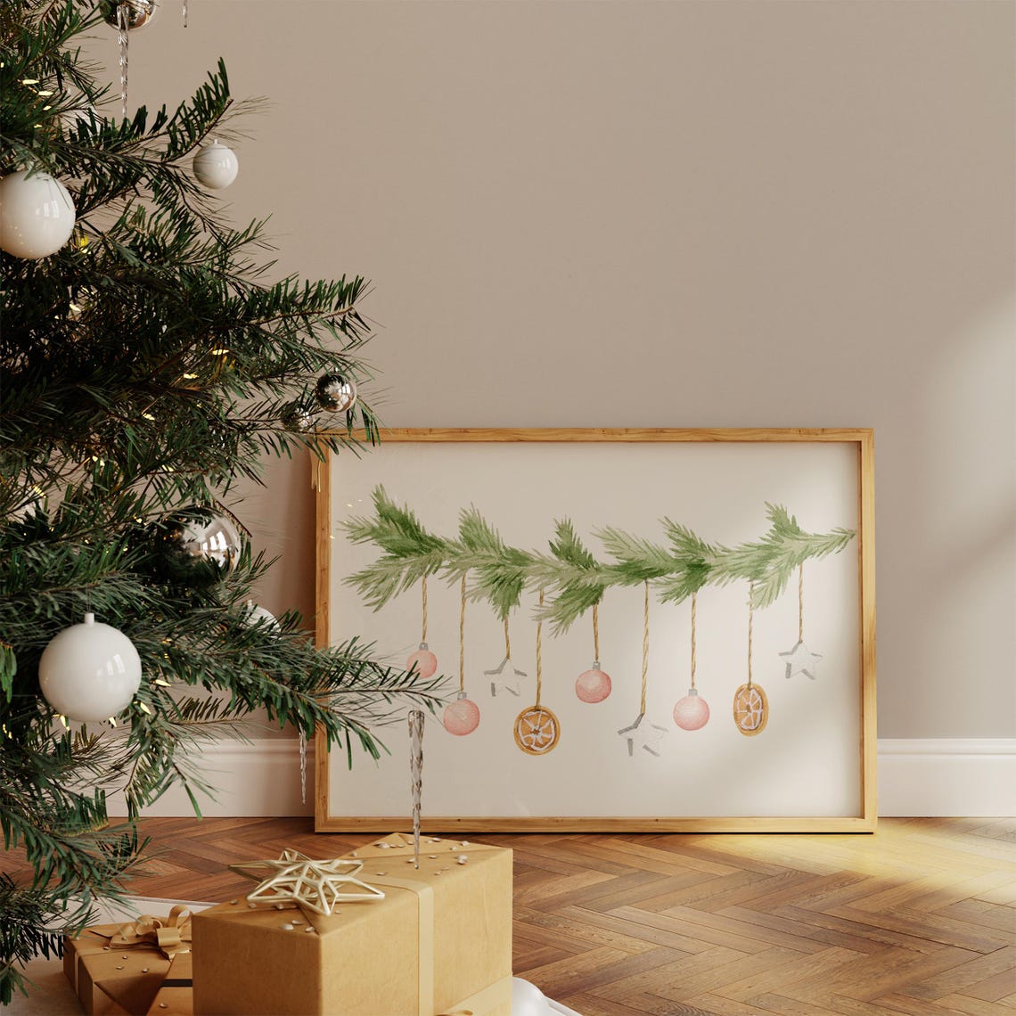Pine Garland Baubles And Stars Watercolor Christmas Holiday Wall Art - Image 3