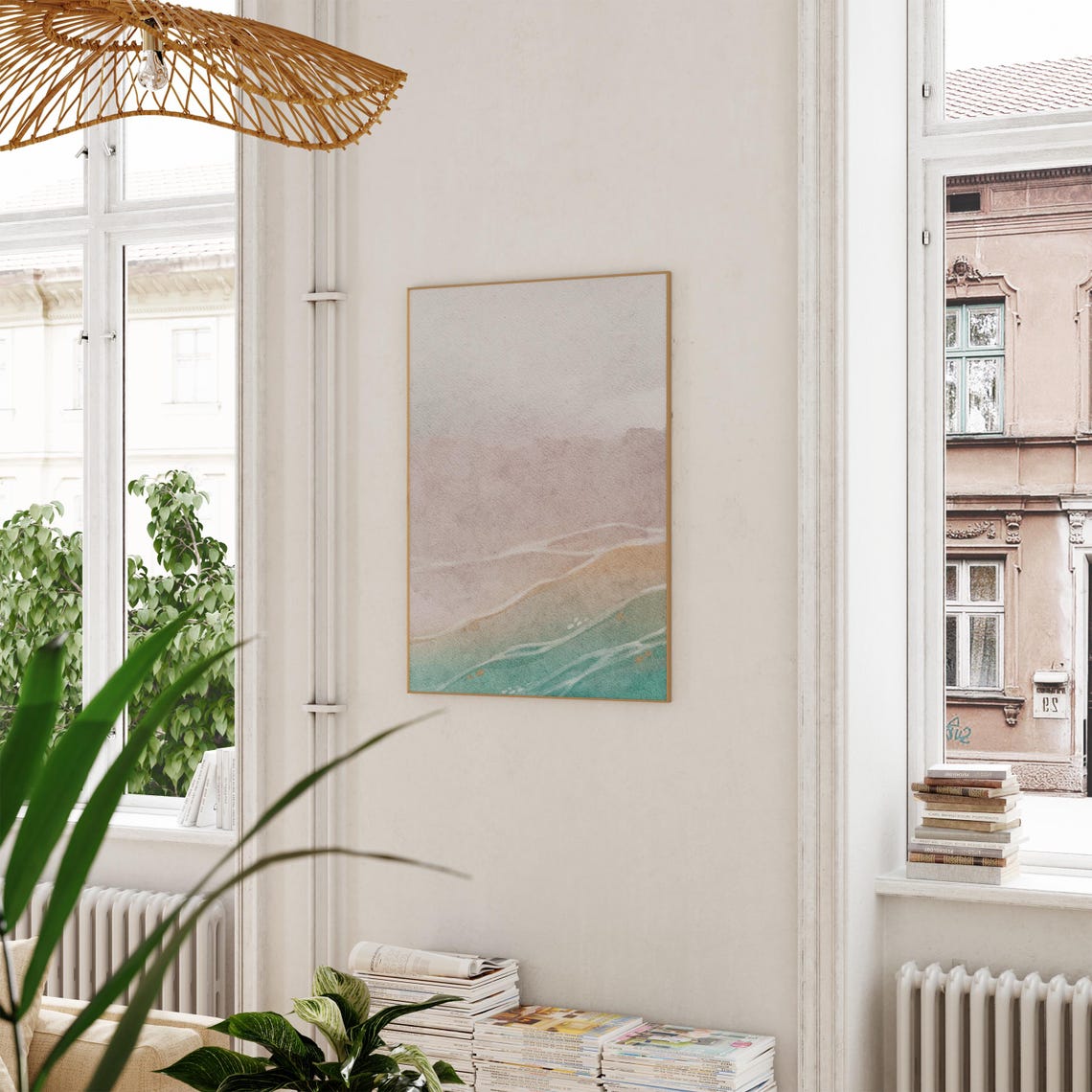 Dreamy Blush Pink Sky Over Gold Sand And Teal Ocean Waves Print - Image 4