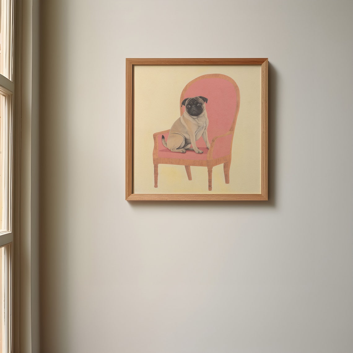 Pug Sitting on Pink Armchair Illustrated Poster in Vintage Style - Image 2