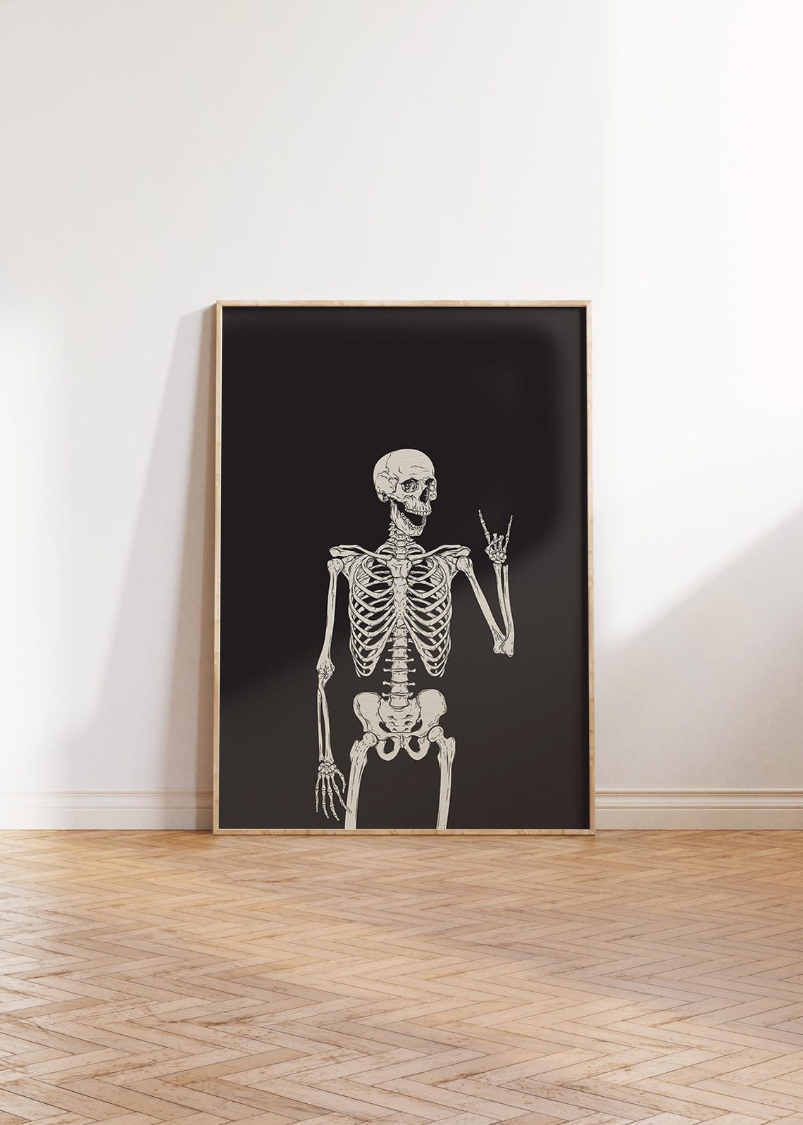 Skeleton Throwing Rock On Hand Sign On Black Halloween Poster - Image 5