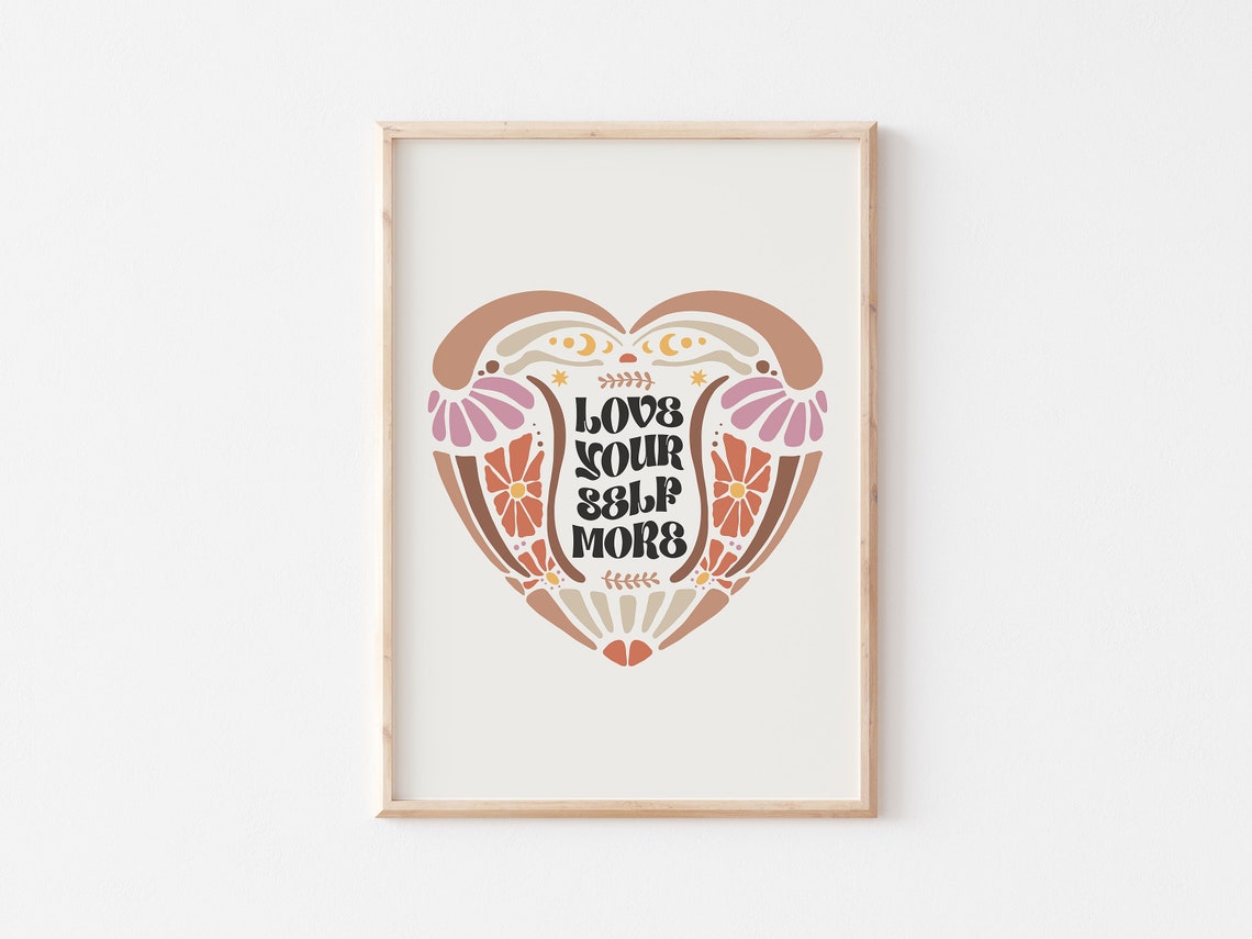 Love Yourself More Retro Floral Heart Inspirational Quote Poster - Image 5
