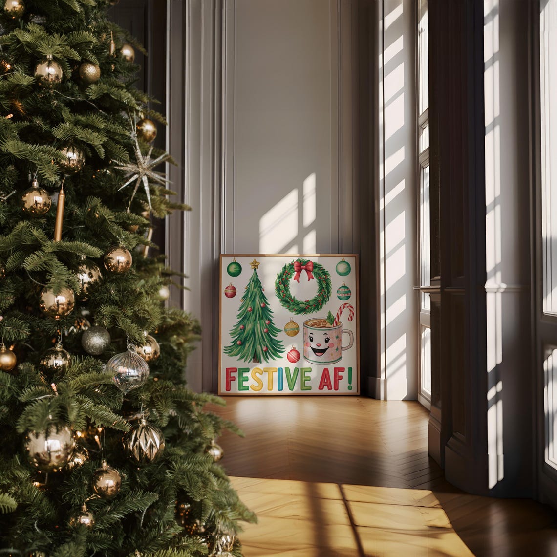 Festive AF Smiling Cocoa Mug Retro Christmas Tree Party Poster - Image 3