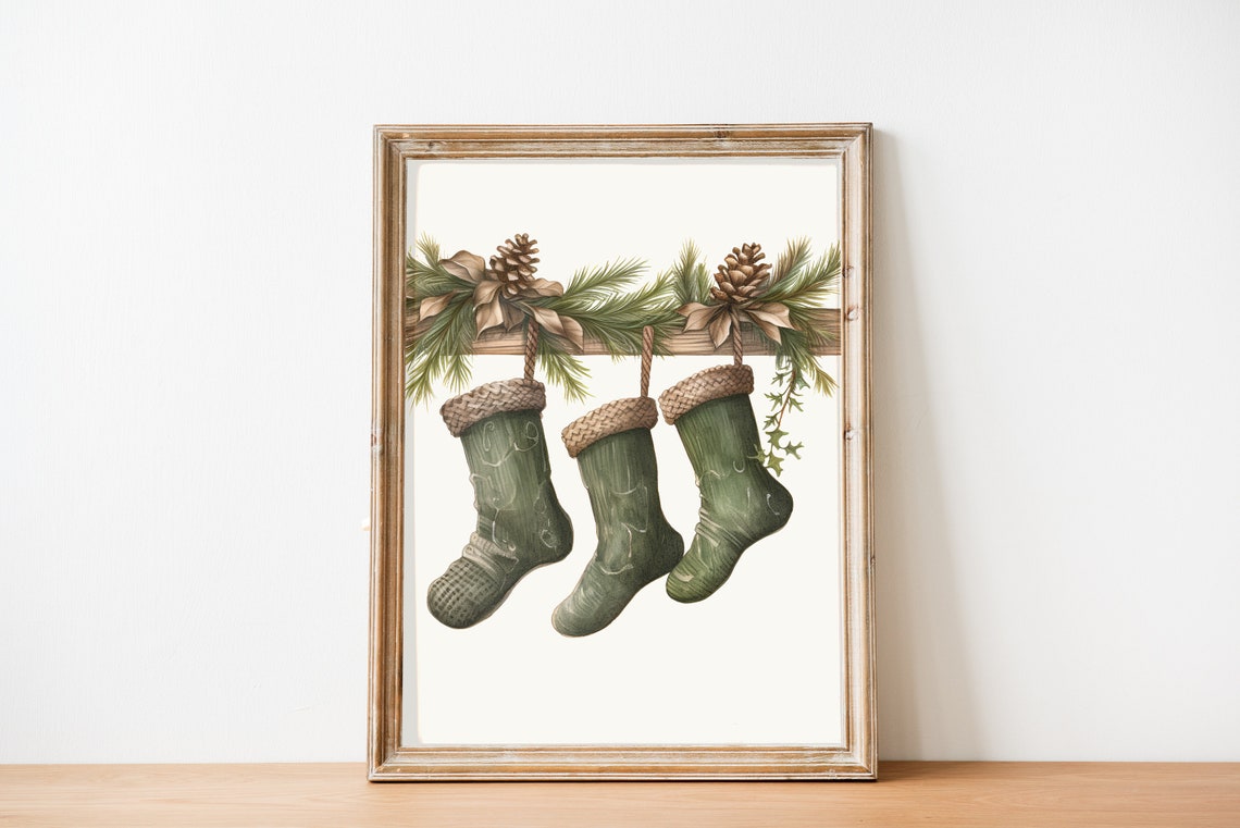 Rustic Green Christmas Stockings Watercolor Pine Branch Poster - Image 3