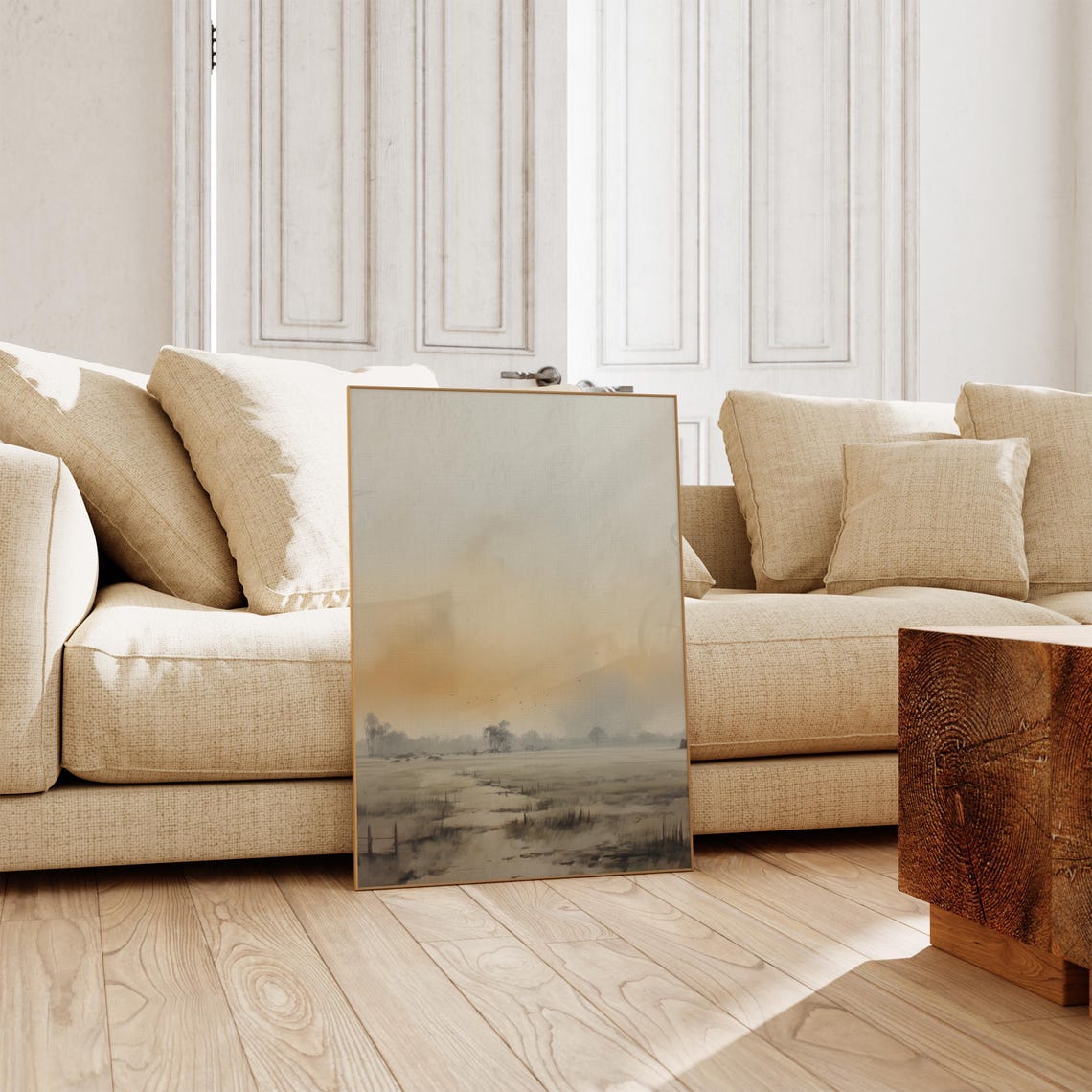 Warm Sunset Glow Settling Over Misty Meadow With Birds Print - Image 3