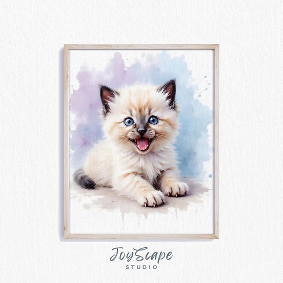 Ragdoll Kitten Art Cute Cat Decor Adorable Painting Watercolor Kitty Wall Playful Animal Print Nursery