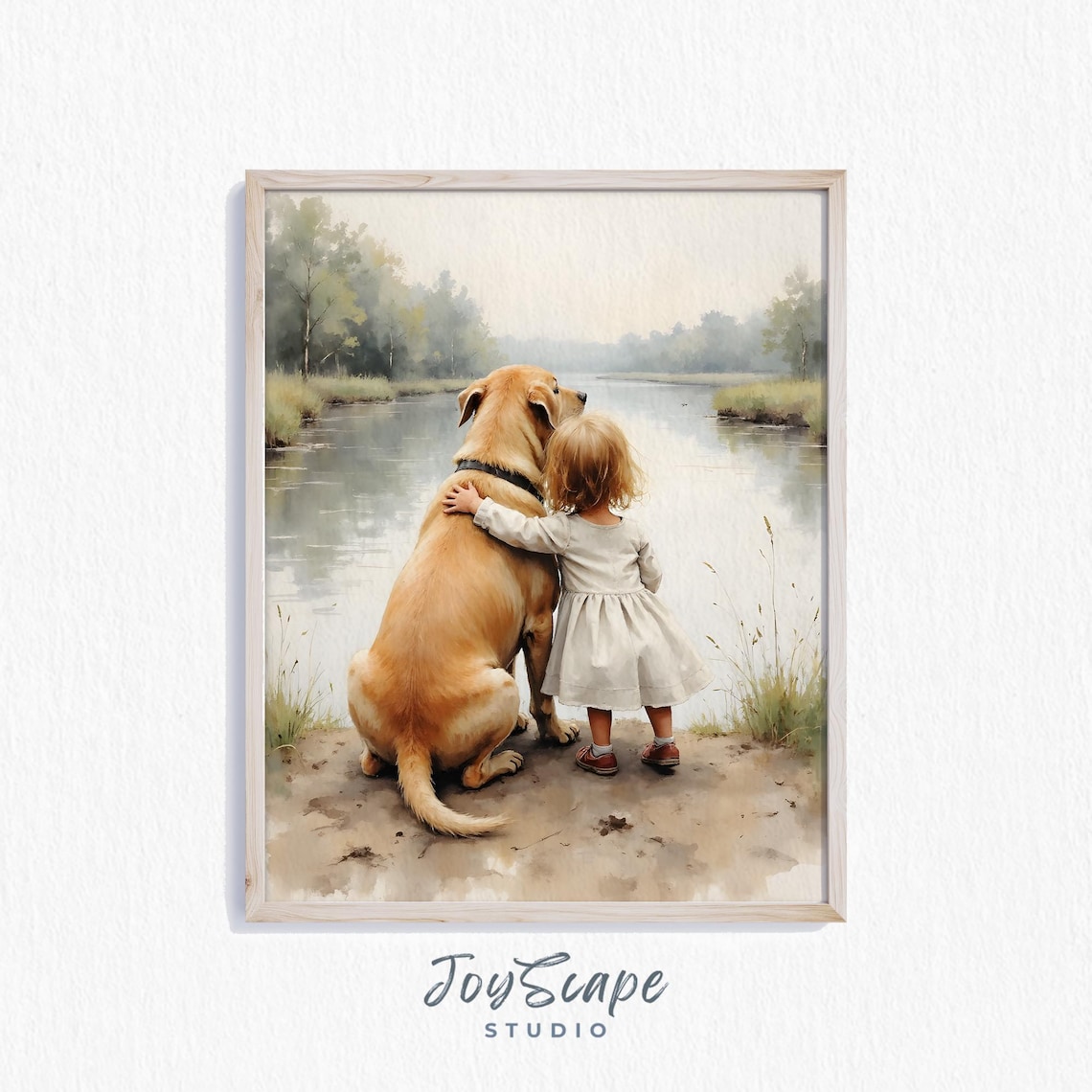 Girl With Cane Corso Dog By Lake Sweet Watercolor Nursery Poster