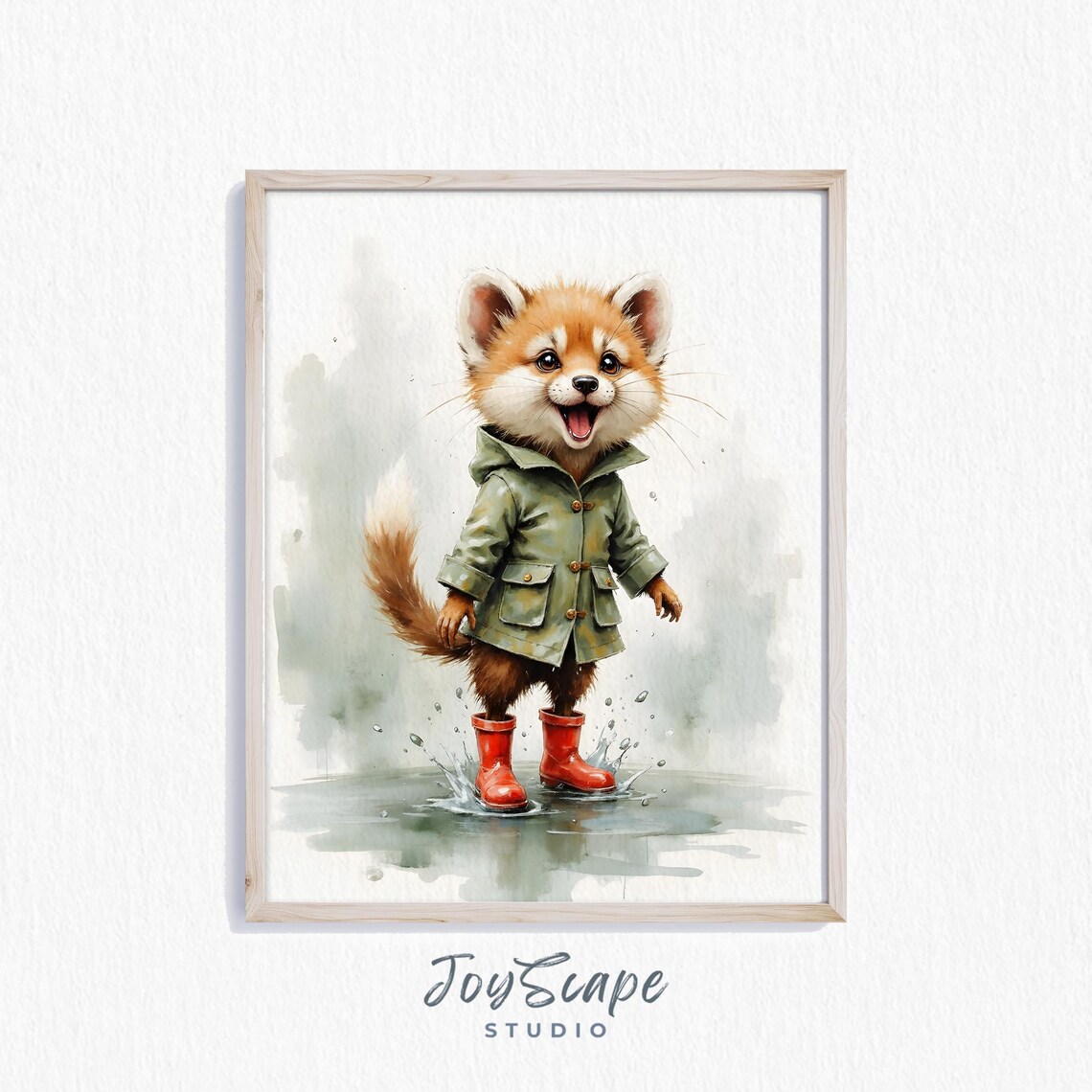 Cheerful Fox In Raincoat Red Boots Puddle Splash Watercolor Fun Poster
