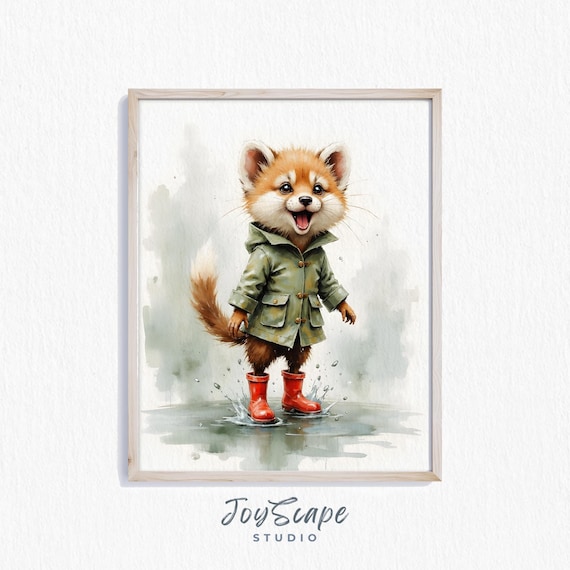 Cheerful Fox In Raincoat Red Boots Puddle Splash Watercolor Fun Poster