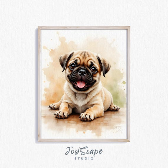 Pug Puppy Watercolor Cute Pet Portrait Adorable Dog Wall Art Rustic Nursery Decor Cozy Animal Painting