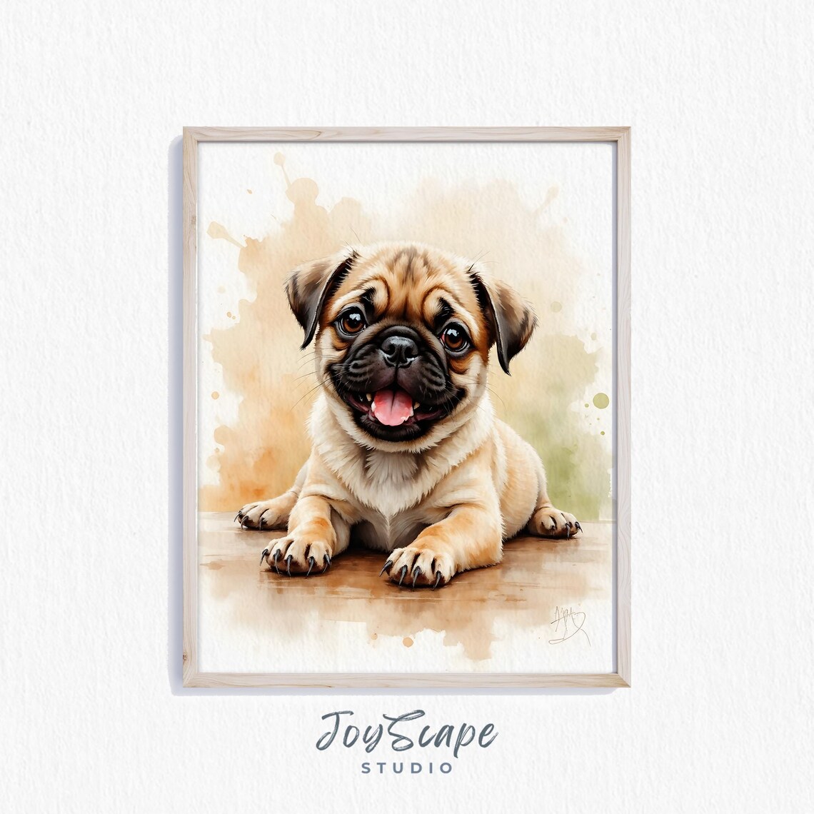 Smiling Pug Puppy Watercolor Pet Portrait Cute Nursery Wall Art