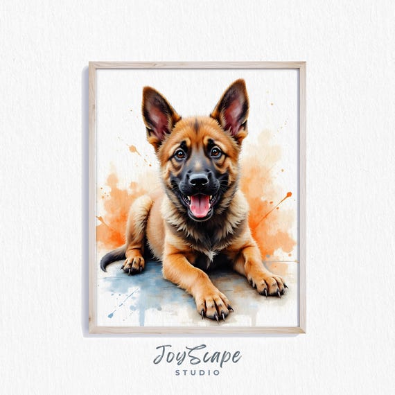 Belgian Malinois Puppy Cute Dog Watercolor Art Rustic Pet Portrait Nursery Decor Animal Print