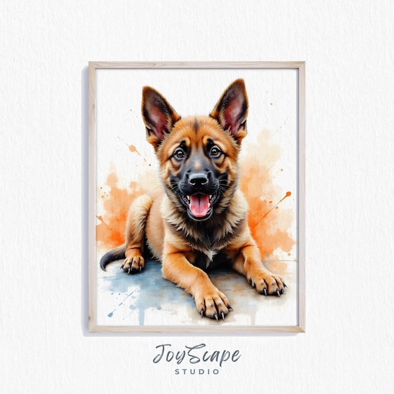 Happy Belgian Malinois Puppy Watercolor Playful Dog Portrait Poster