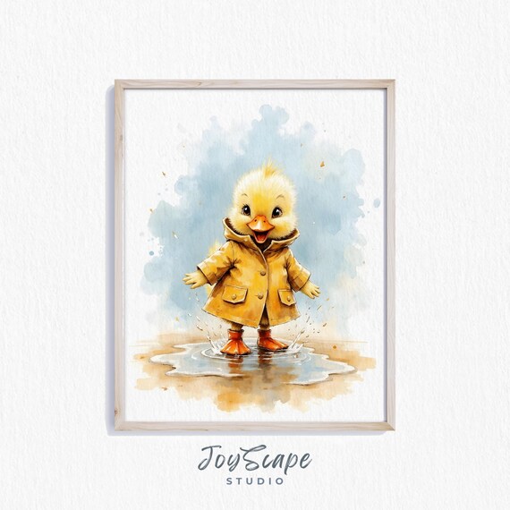 Happy Baby Duckling In Yellow Raincoat Puddle Splash Watercolor Poster