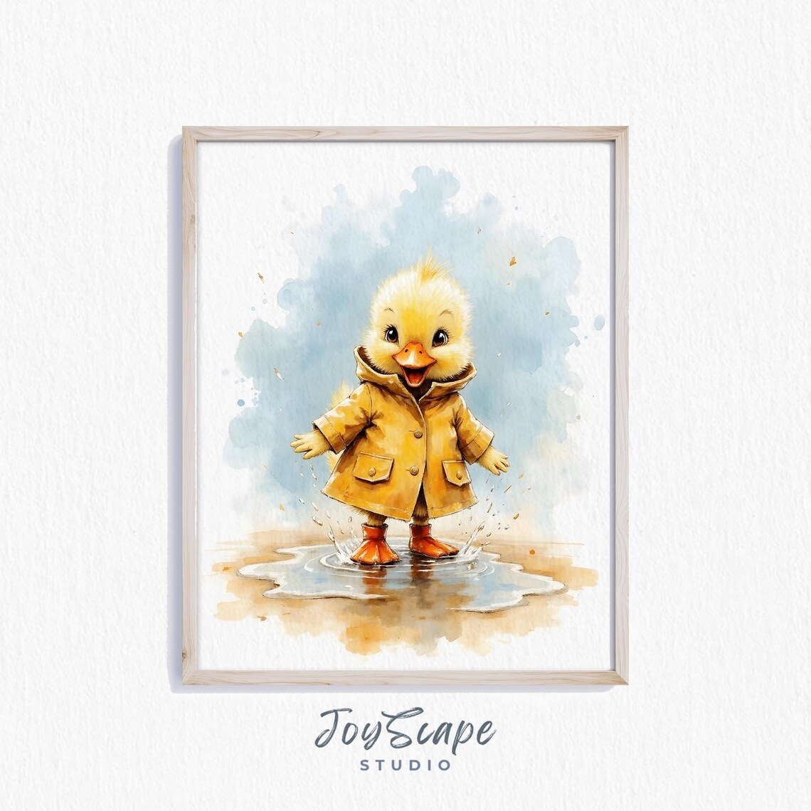 Happy Baby Duckling In Yellow Raincoat Puddle Splash Watercolor Poster