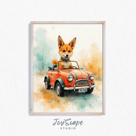 Funny Dingo In Red Car Watercolor Print Playful Animal Art Wall Nursery Decor Kids Room Instant 626