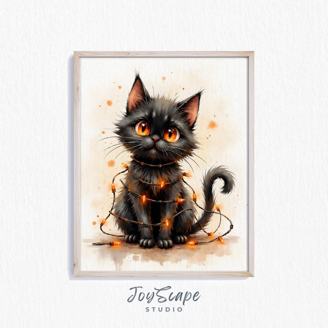 Black Kitten Tangled in Orange String Lights Cute Halloween Poster
