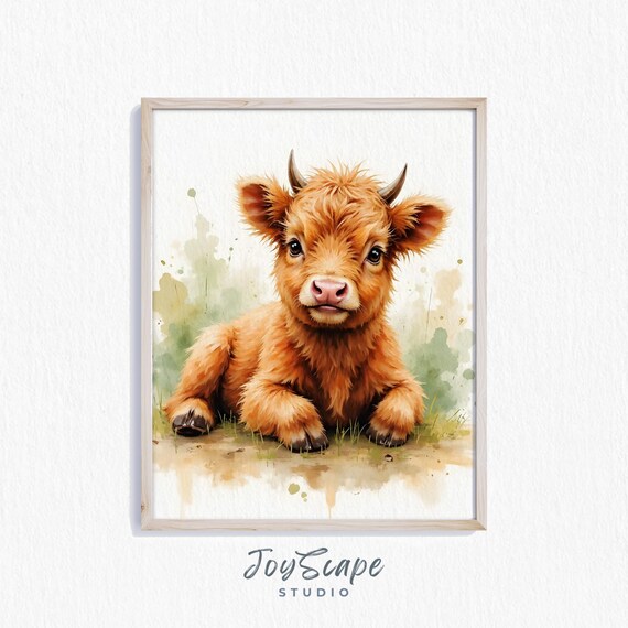 Fluffy Highland Calf Watercolor Portrait Cozy Nursery Room Poster
