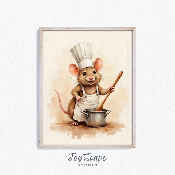 Funny Rat Chef Watercolor Print Adorable Kitchen Wall Art Nursery Decor Whimsical Animal Illustration Instant 573