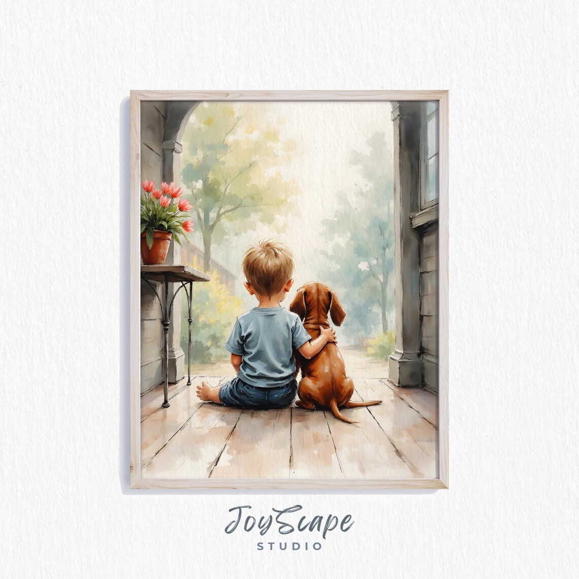 Boy and Dachshund on Porch Watercolor Nursery Kids Room Art Poster