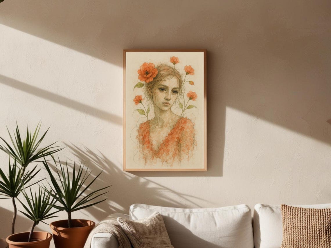 Poppy Flower Woman Portrait, Renaissance Style - Image 2
