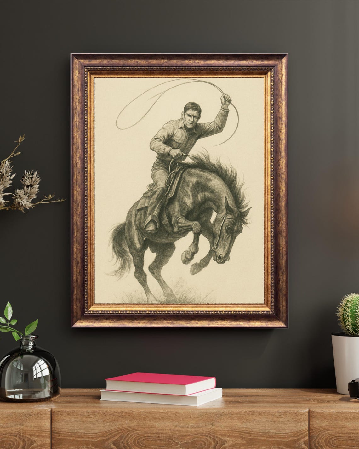 Western Cowboy Lasso Sketch, Rustic Western Decor