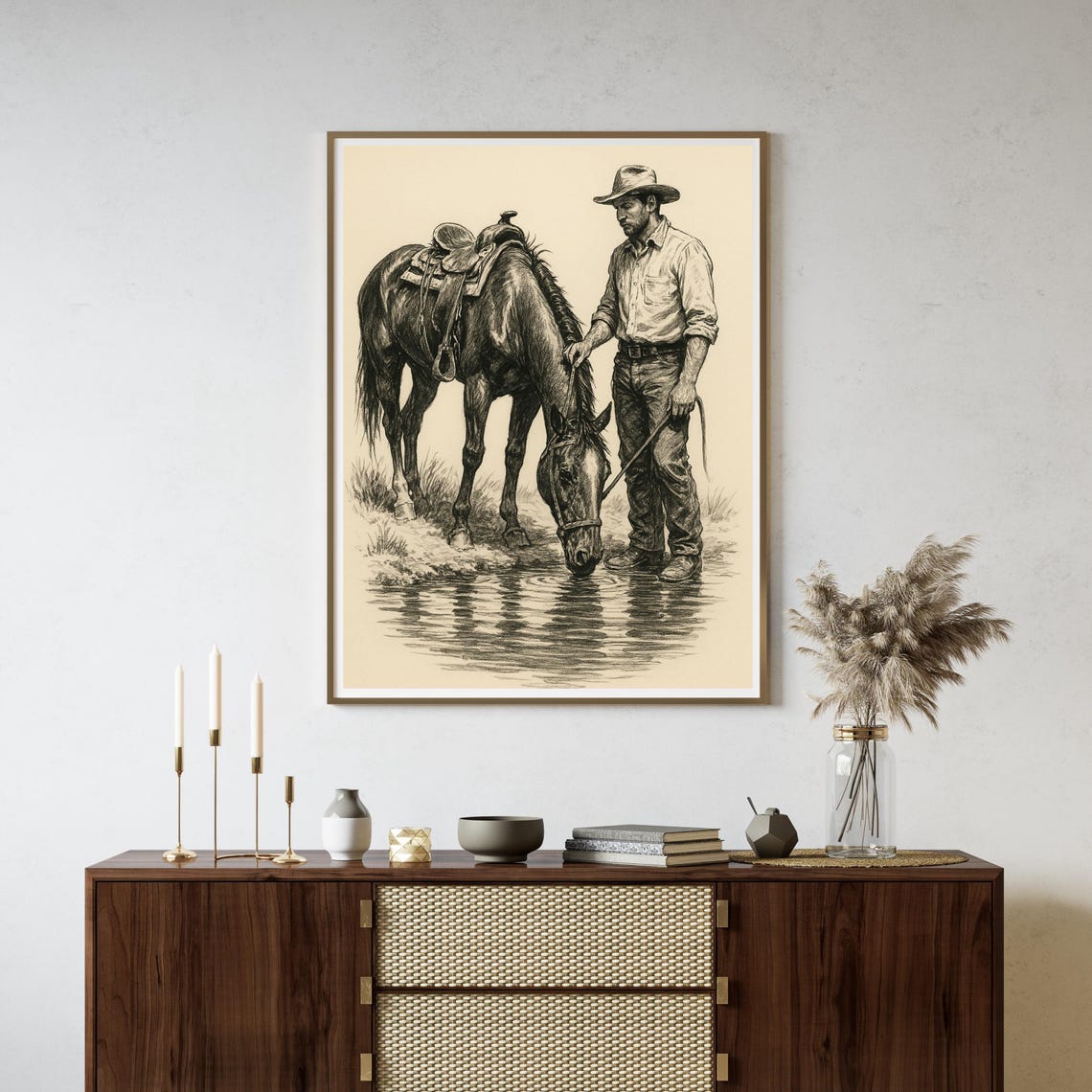 Western Cowboy And Horse At Water, Vintage Ranch Decor