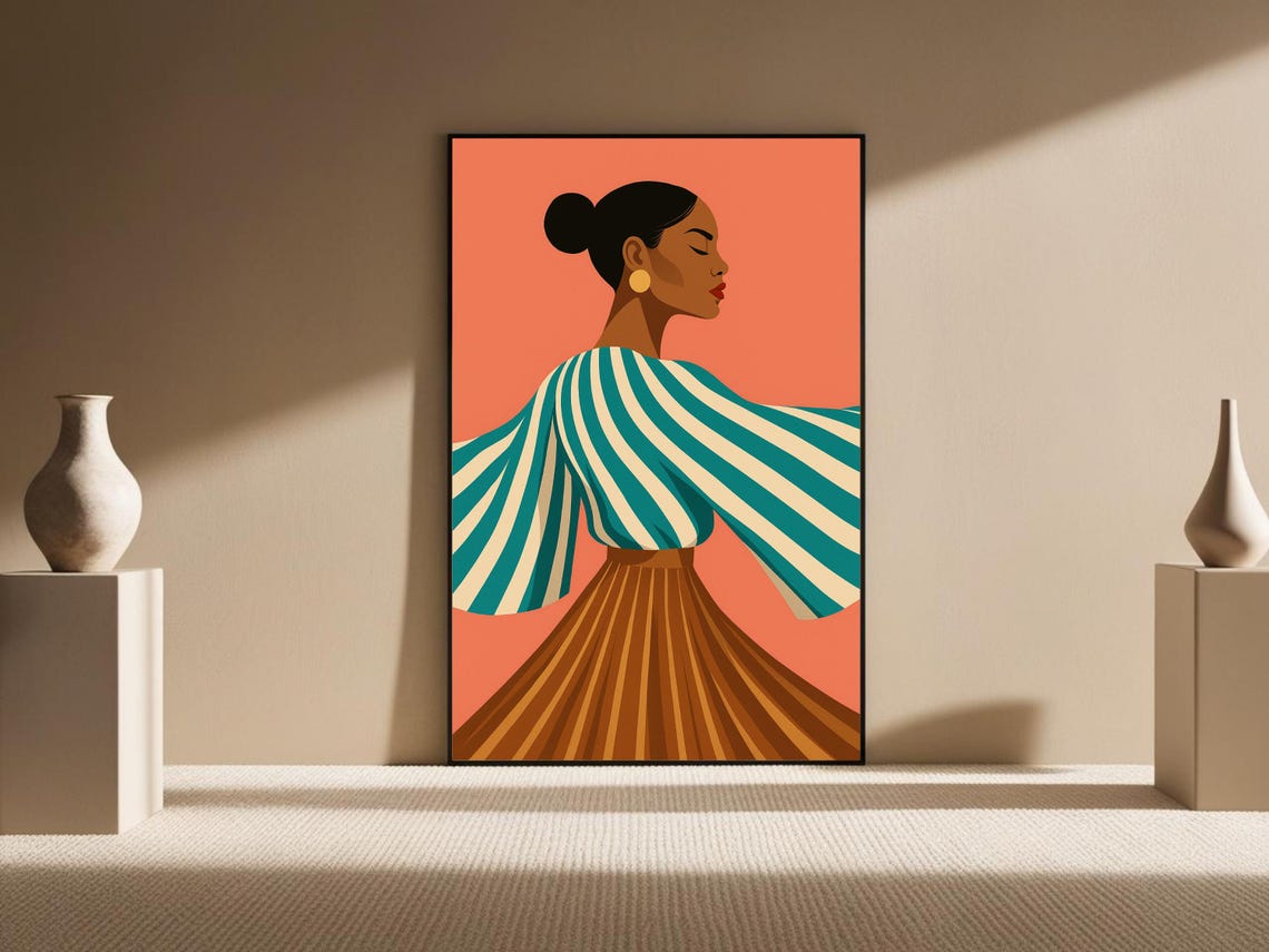 Bold Fashion Wall Art Of Woman In Teal Stripes - Image 5