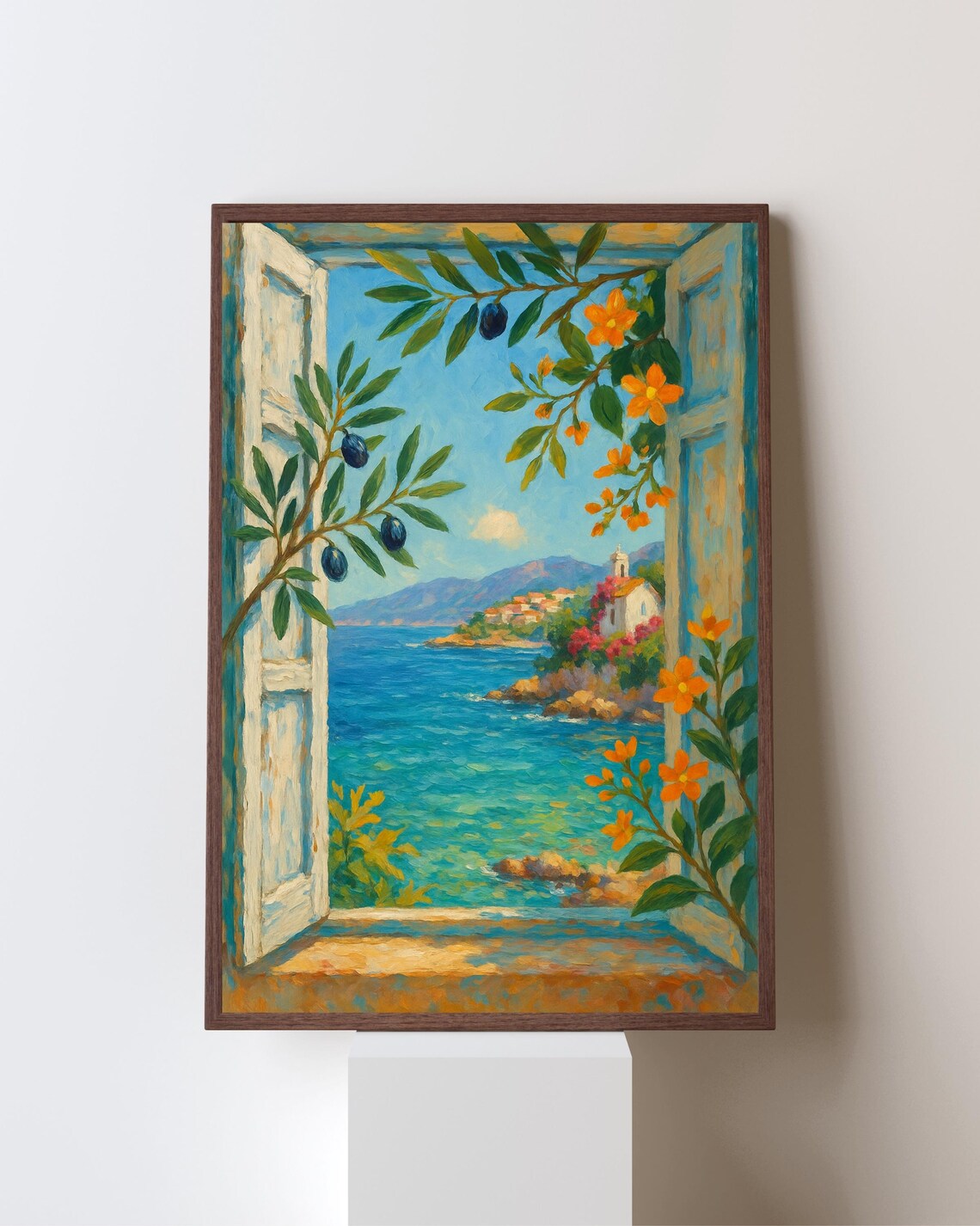 Mediterranean Window View, Coastal Olive Tree