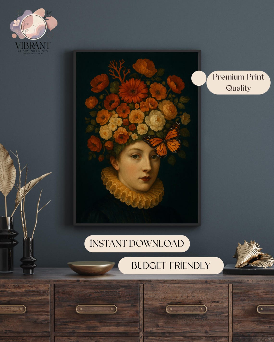 Surreal Floral Portrait, Renaissance Woman With Flowers - Image 5