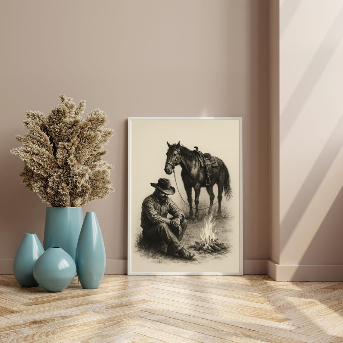 Western Cowboy Campfire Sketch, Rustic Vintage Decor - Image 3