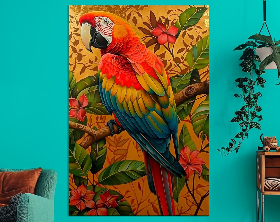 Scarlet Macaw Parrot Tropical Golden Floral Vivid Bird Wall Art Poster