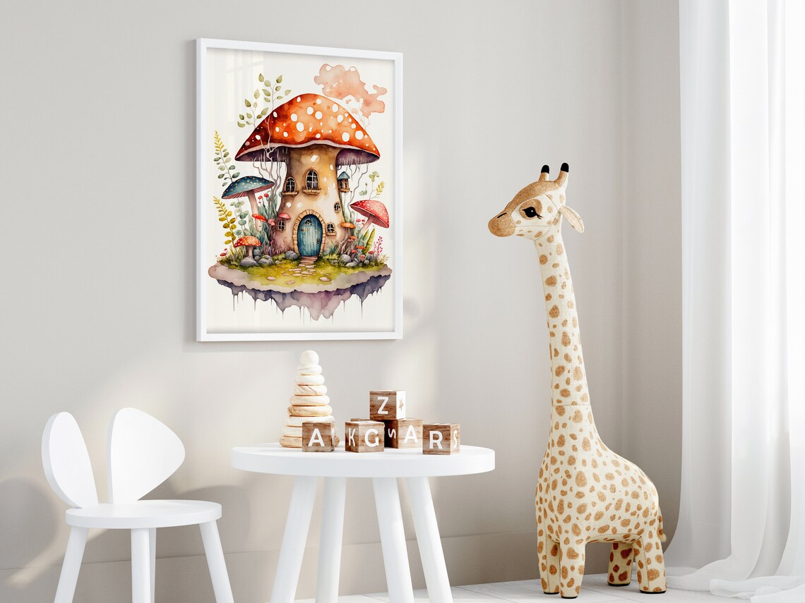 Mushroom House Floating Island Blue Door Watercolor Art Poster - Image 4