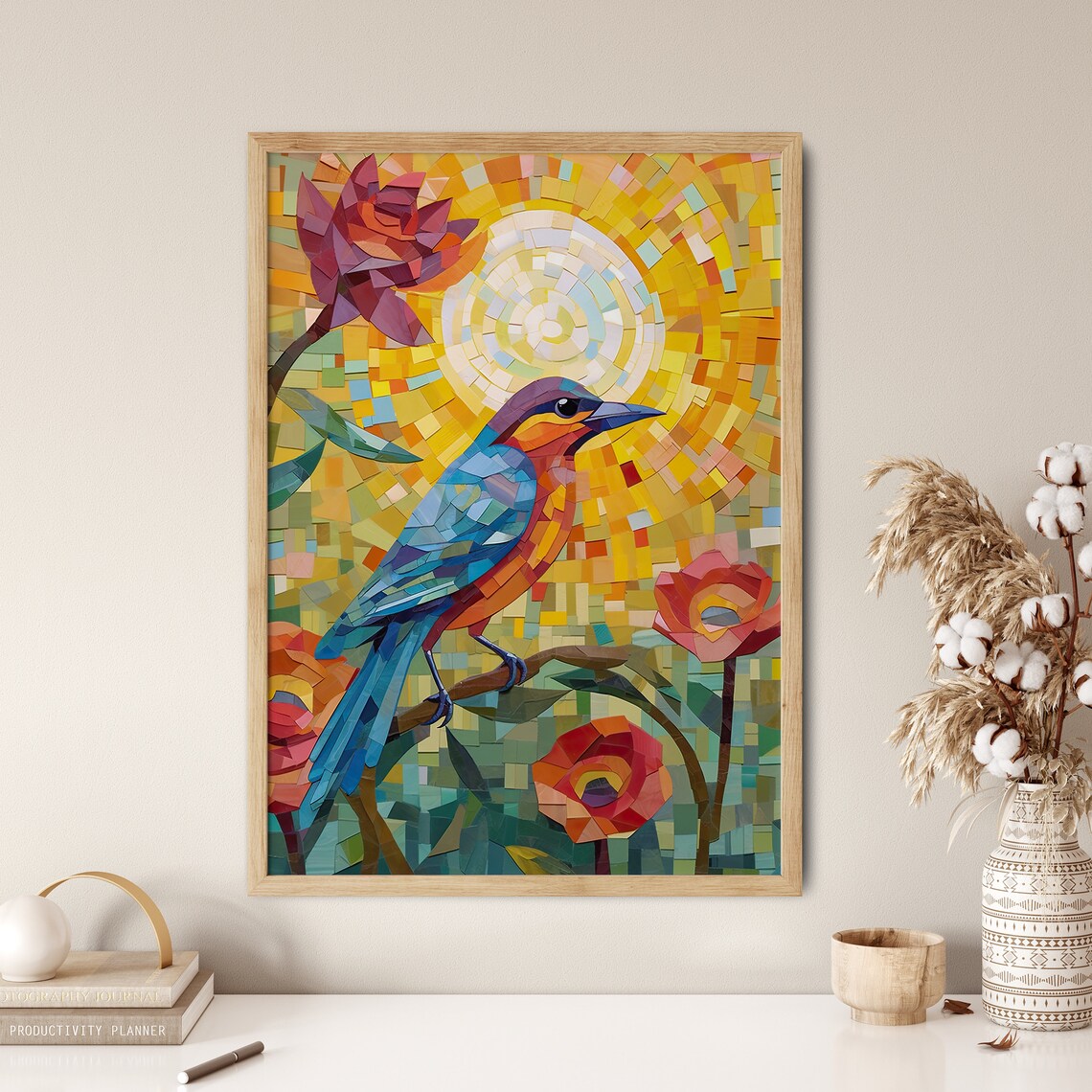 Blue Bird Red Flowers Mosaic Sun Garden Bird Art Wall Poster - Image 5
