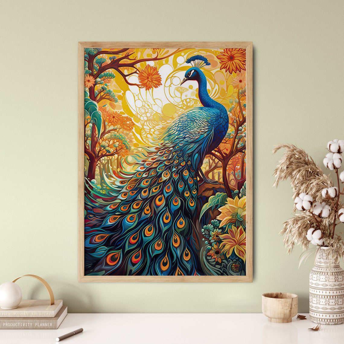 Peacock Golden Autumn Forest Vibrant Plumage Feather Art Poster - Image 2
