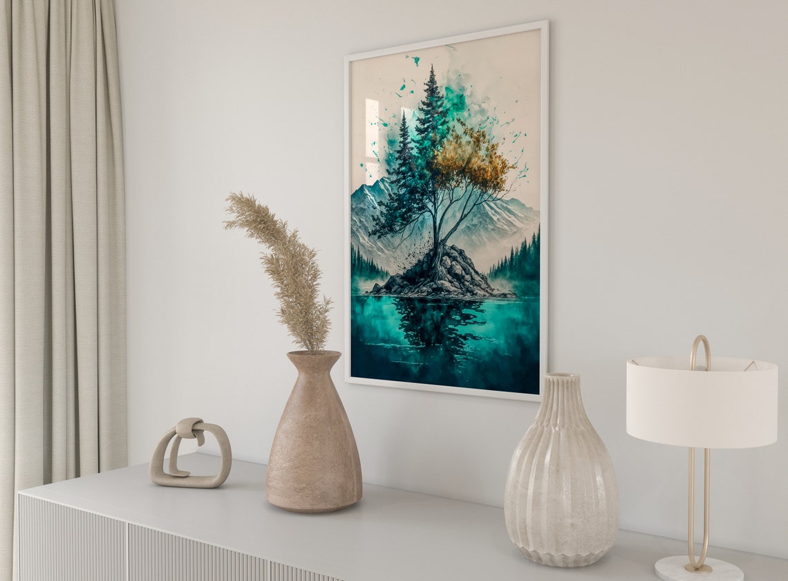 Teal Mountain Lake Evergreen Trees Watercolour Nature Poster - Image 3
