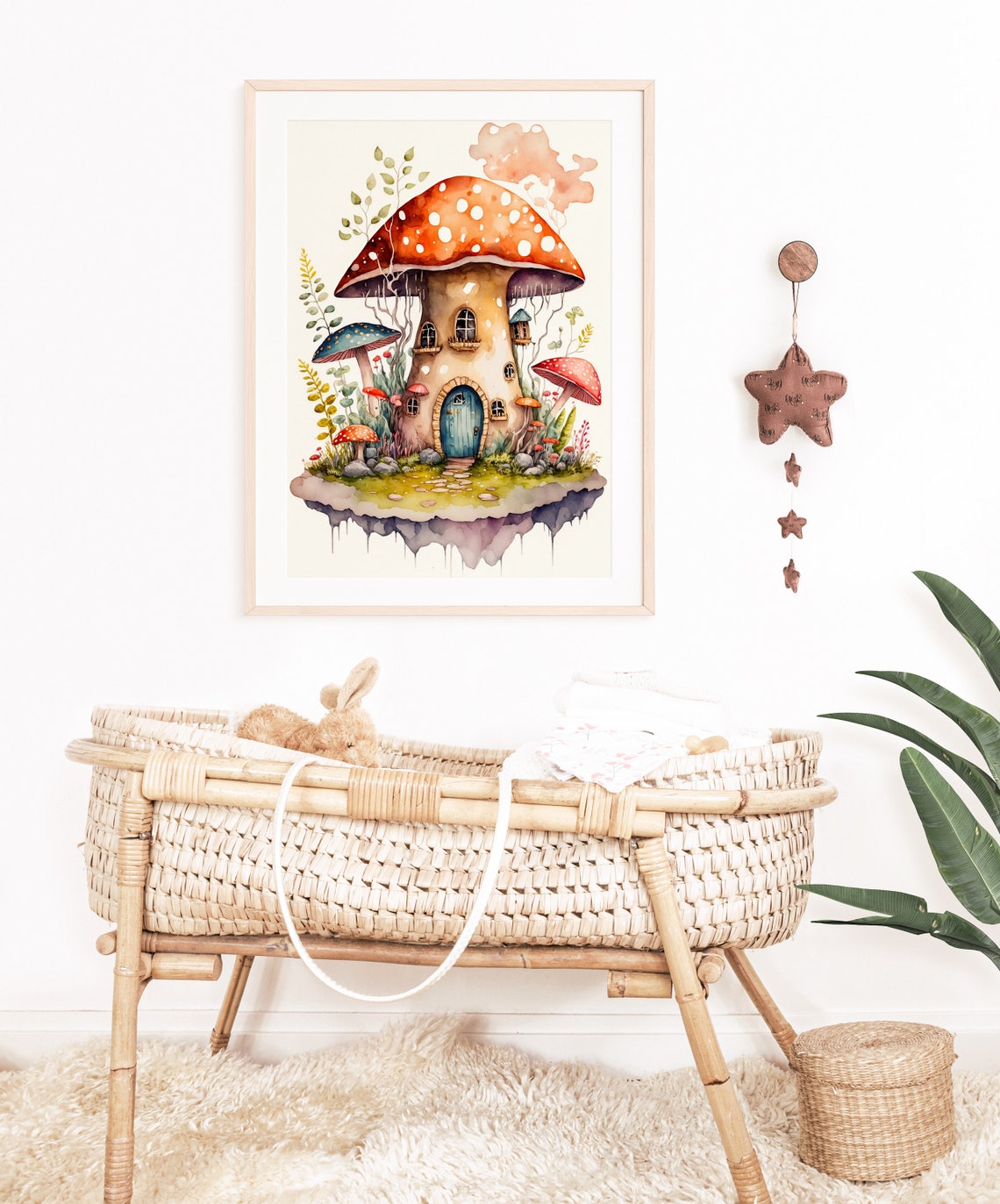 Mushroom House Floating Island Blue Door Watercolor Art Poster - Image 3