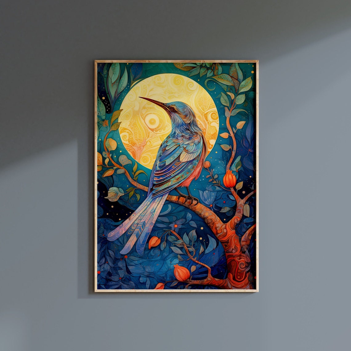 Blue Bird Full Moon Ornamental Teal Night Songbird Art Poster - Image 3