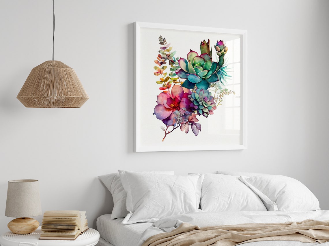 Watercolour Succulents Pink Green Botanical Square Art Poster - Image 4
