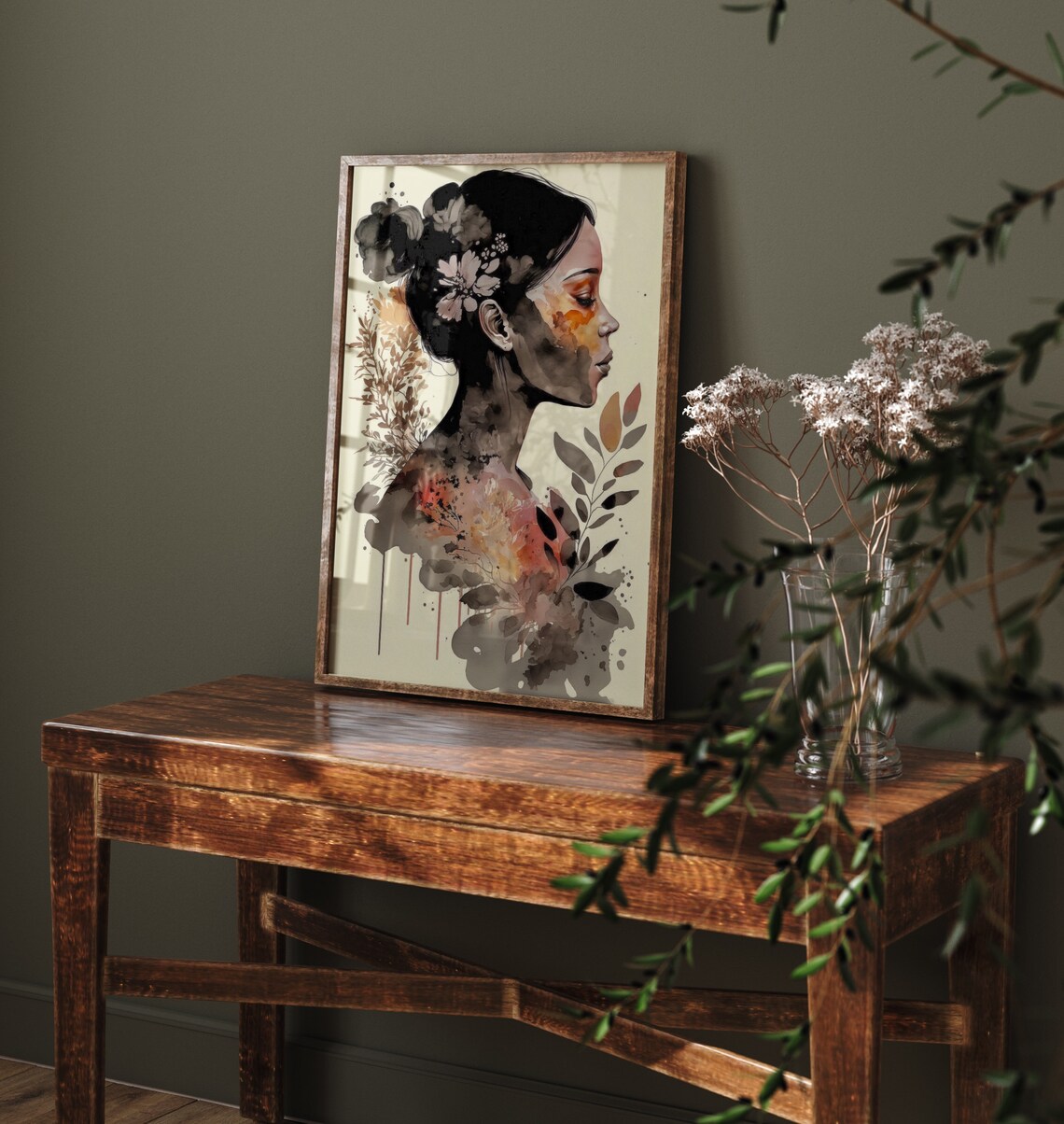 Woman Profile Floral Watercolor Ink Botanical Beauty Art Print - Image 5
