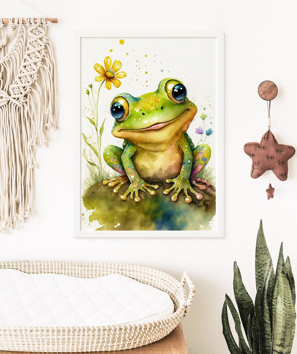 Watercolor Smiling Frog Daisy Cute Nursery Animal Art Poster - Image 5