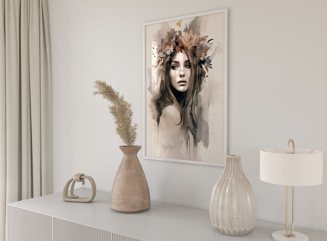 Watercolor Woman Floral Crown Portrait Elegant Neutral Boho Art Print - Image 2
