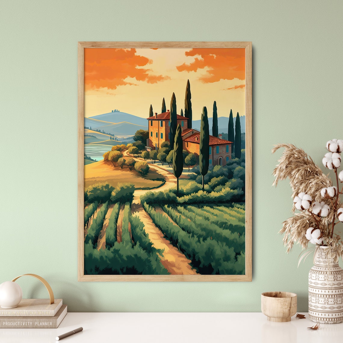 Tuscan Villa Sunset Vineyard Cypress Orange Sky Landscape Poster - Image 5