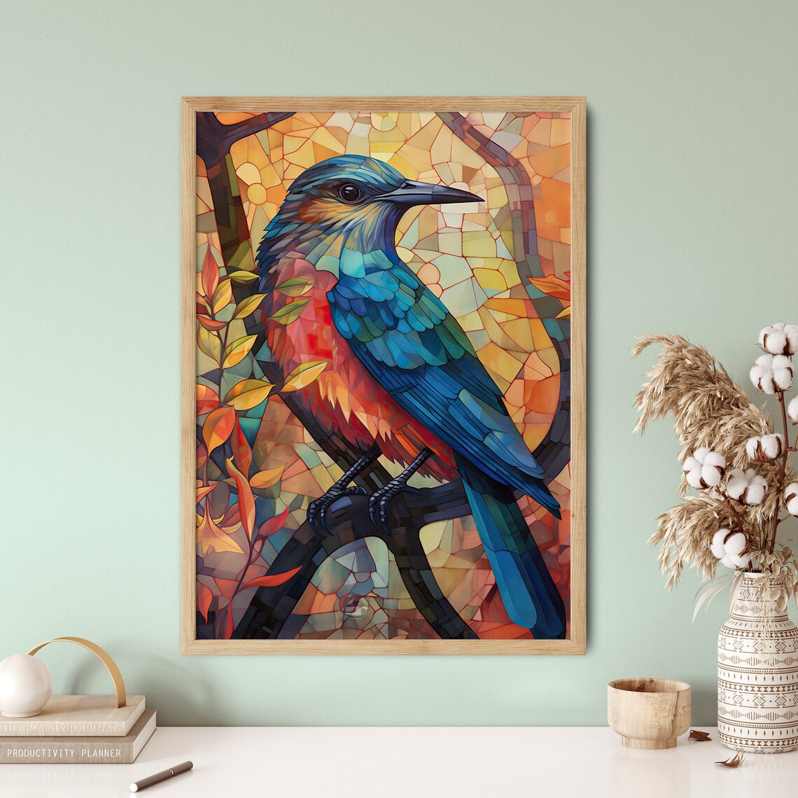Blue Red Songbird Mosaic Stained Glass Autumn Leaves Art Poster - Image 5