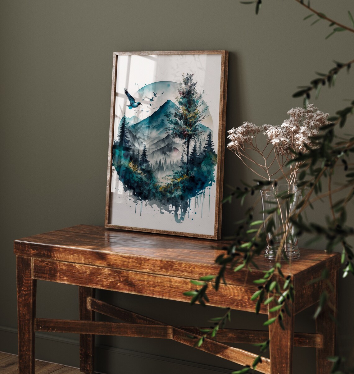 Circular Mountain Landscape Birds Teal Watercolor Art Poster - Image 5