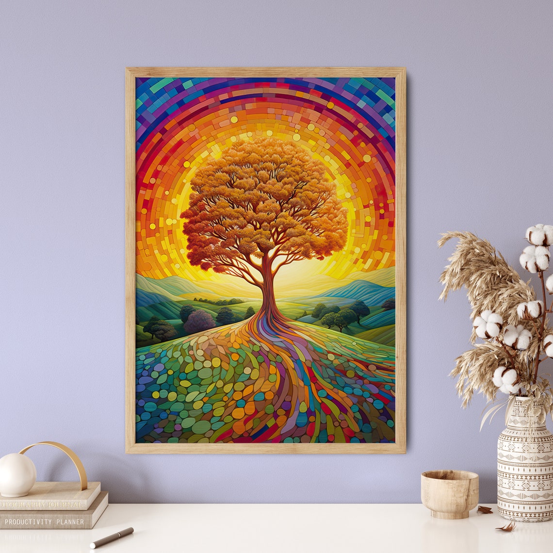 Golden Tree Rainbow Mosaic Sky Colorful Landscape Art Poster - Image 5