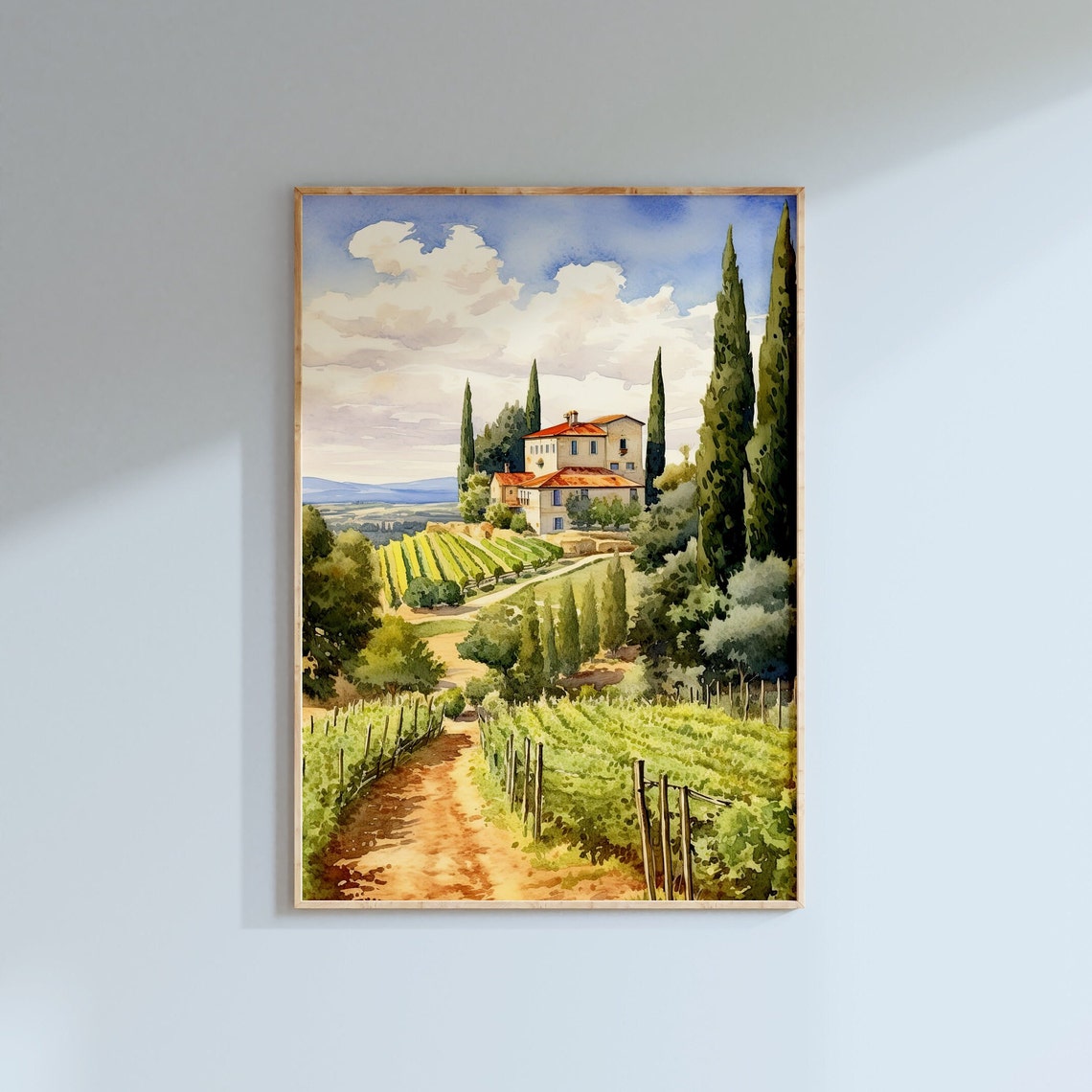Italian Villa Vineyard Path Green Cypress Hills Watercolor Poster - Image 2
