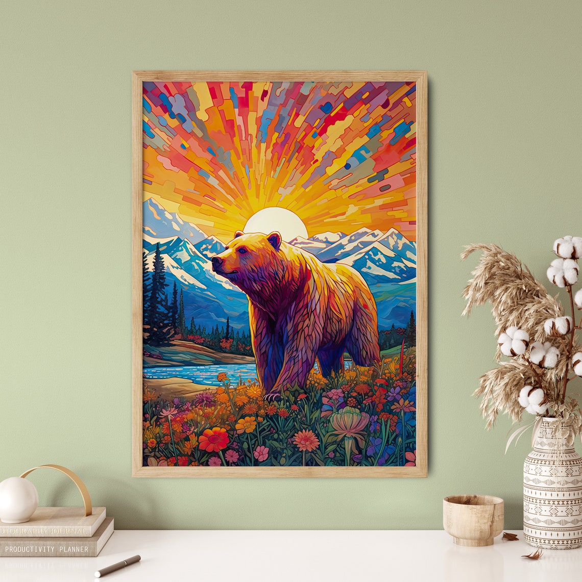 Mosaic Bear Sunrise Mountain Wildflowers Vibrant Wildlife Poster - Image 5