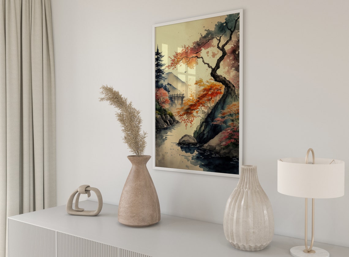 Japanese Autumn Maple Trees River Bridge Mountain View Poster - Image 3